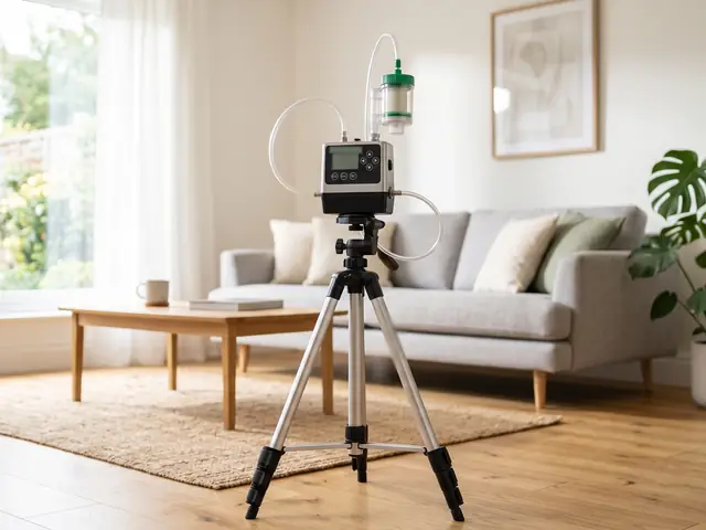 Indoor air sampling pump on a tripod collecting a mold air sample in a living room (illustrative image)