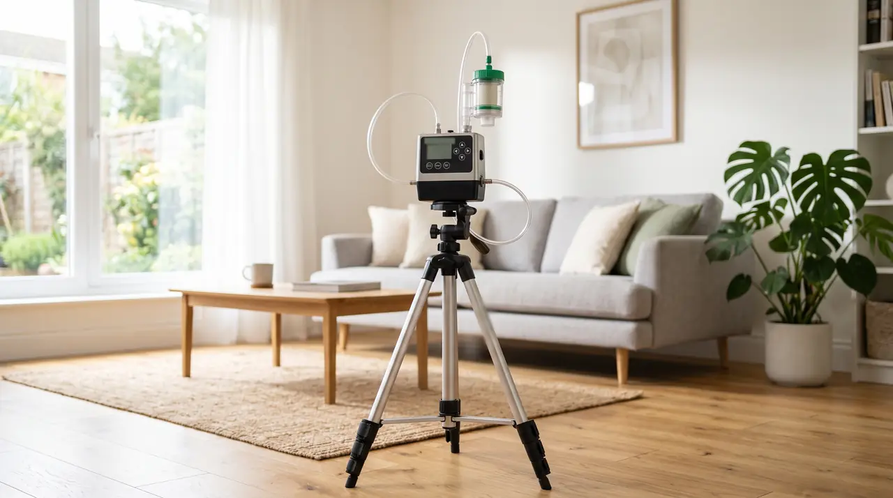 Indoor air sampling pump on a tripod collecting a mold air sample in a living room (illustrative image)