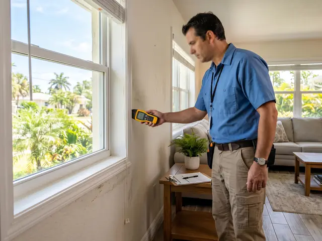Mold inspector checking a wall near a window with a moisture meter (illustrative image)