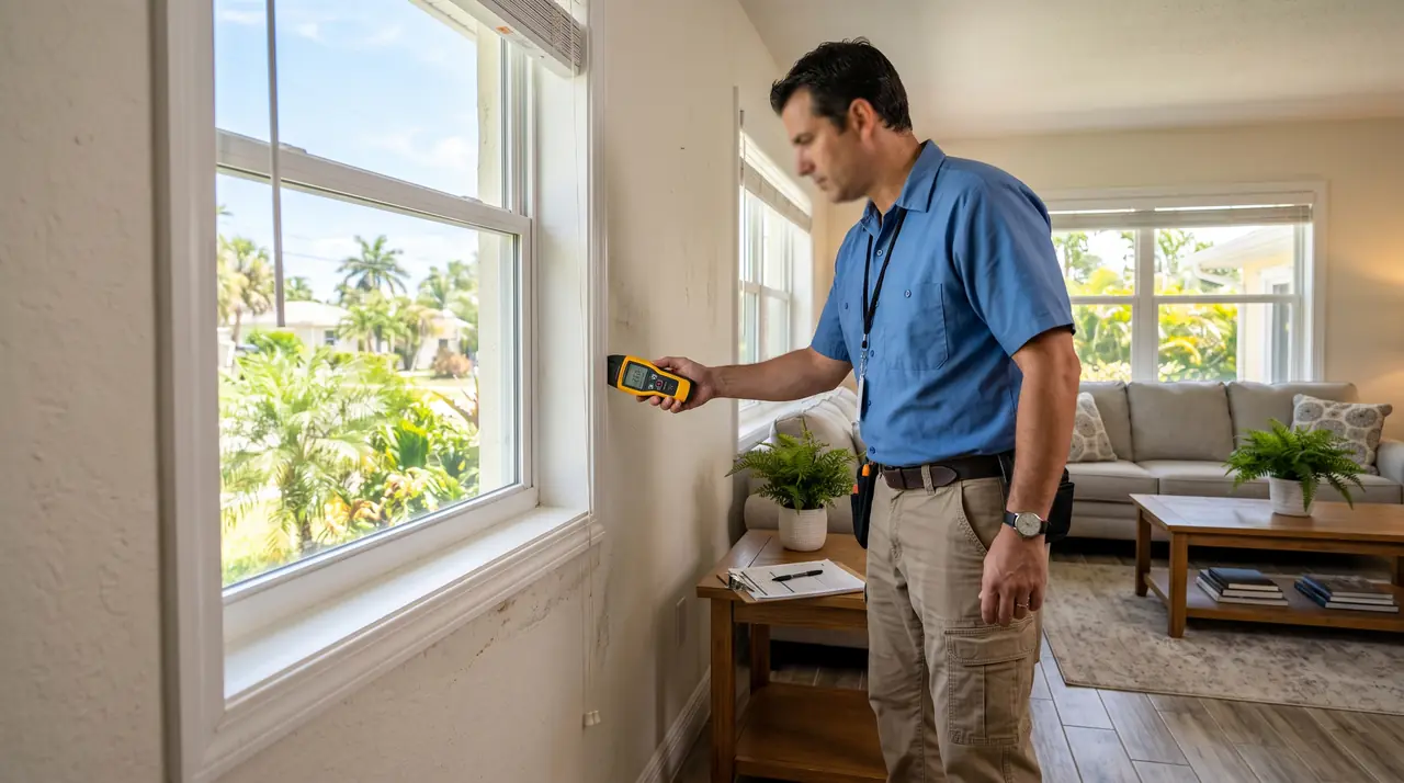 Mold inspector checking a wall near a window with a moisture meter (illustrative image)