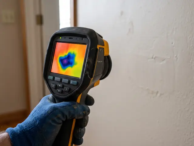 Thermal imaging camera showing a damp spot on an interior wall during a mold inspection (illustrative image)