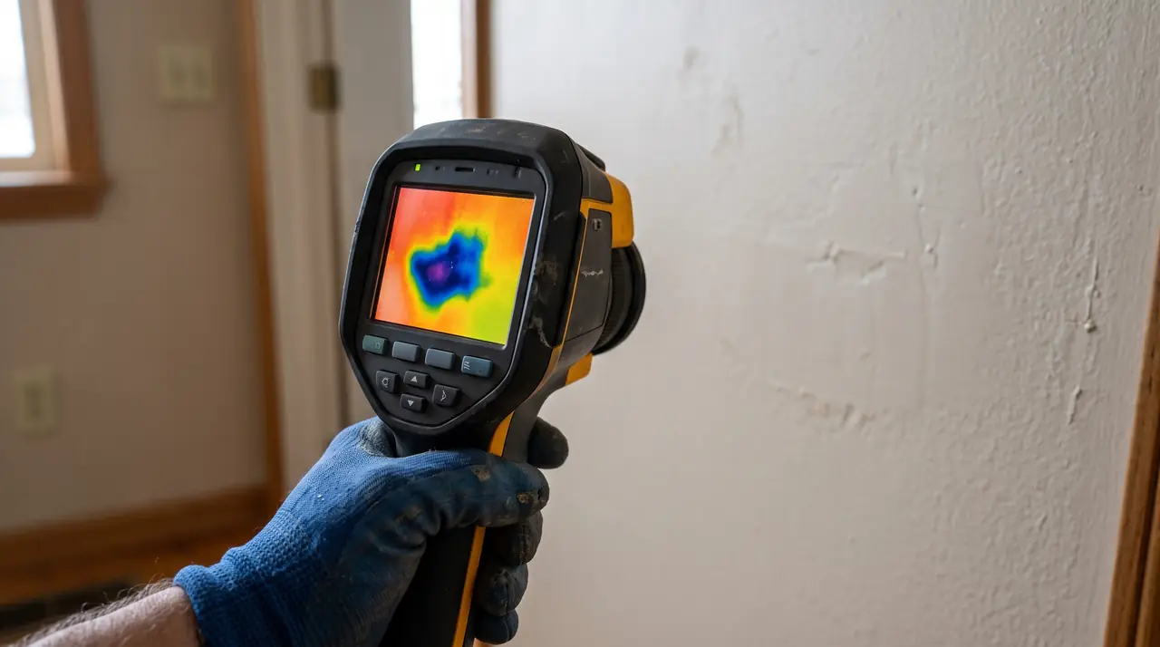 Thermal imaging camera showing a damp spot on an interior wall during a mold inspection (illustrative image)