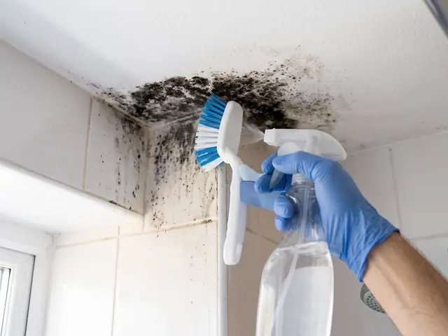 Gloved hand cleaning black mold from a bathroom ceiling corner (illustrative image)