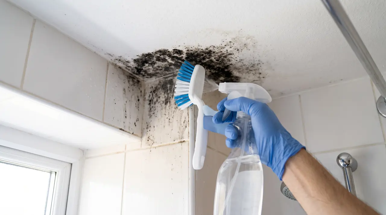 Gloved hand cleaning black mold from a bathroom ceiling corner (illustrative image)
