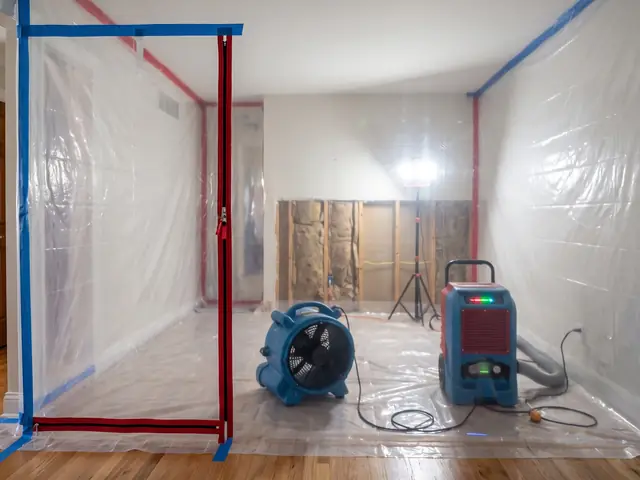 Sealed mold remediation work area with plastic containment, an air mover and a dehumidifier (illustrative image)