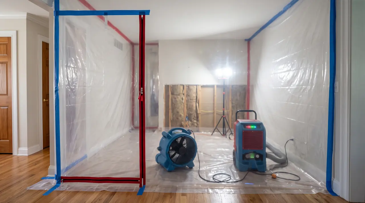 Sealed mold remediation work area with plastic containment, an air mover and a dehumidifier (illustrative image)