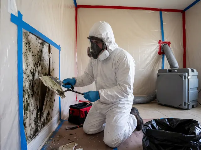 Mold remediation technician in a protective suit removing mold-damaged drywall inside plastic containment (illustrative image)