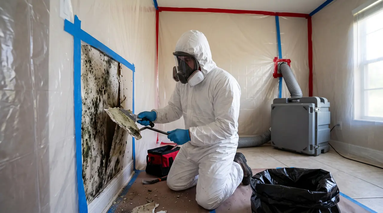 Mold remediation technician in a protective suit removing mold-damaged drywall inside plastic containment (illustrative image)