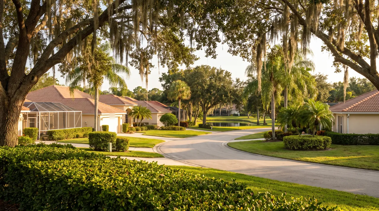 Suburban neighborhood with screened lanais, oak trees and a pond in Palm Harbor, Florida