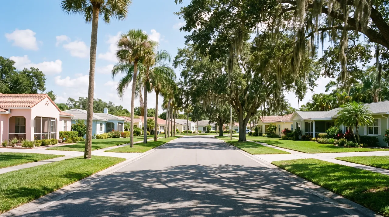 Residential street with pastel homes, palm trees and live oaks in St. Petersburg, Florida